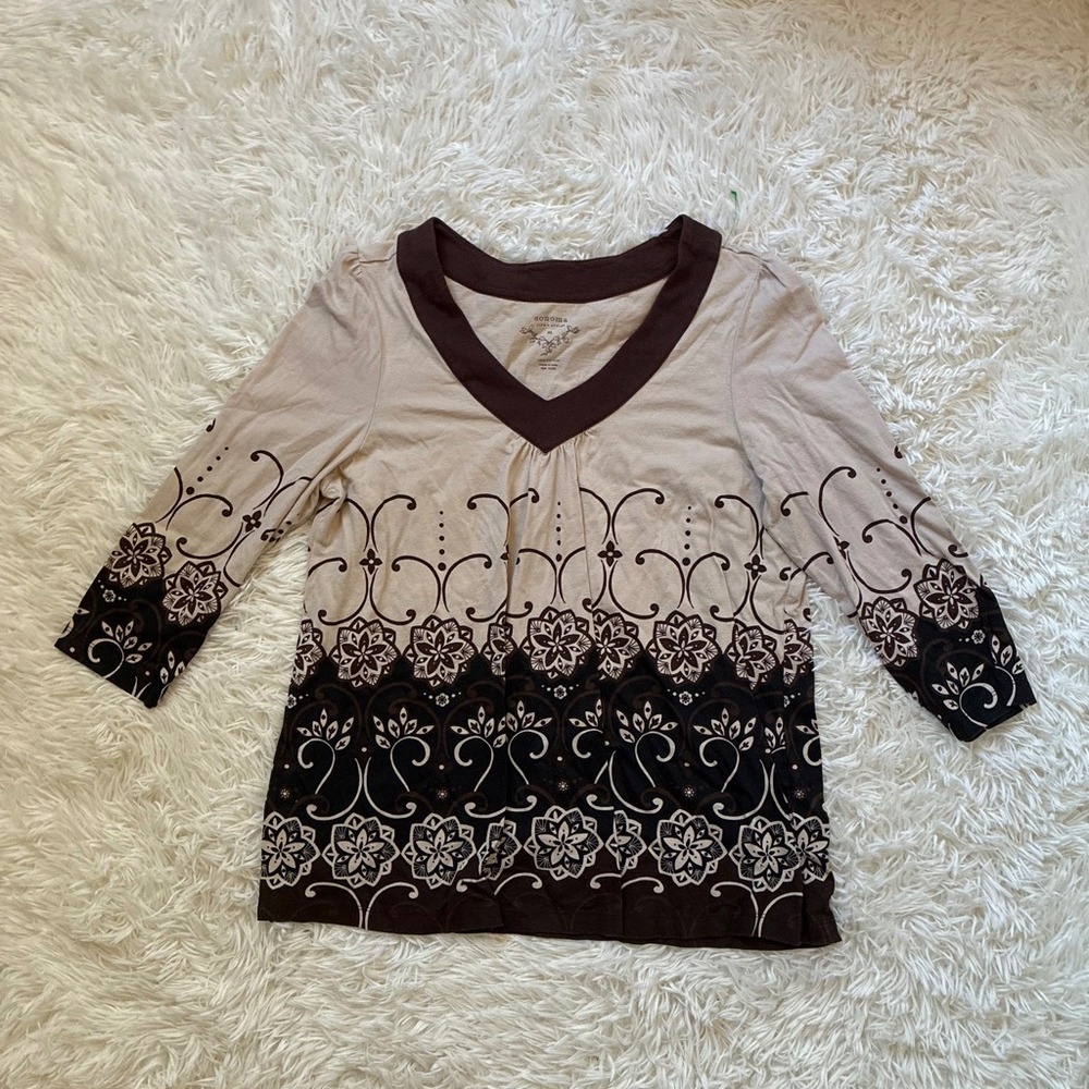 Y2K Boho Sonoma Style XL Brown Tan Floral Scroll 3/4 Sleeve Cotton V-Neck Top